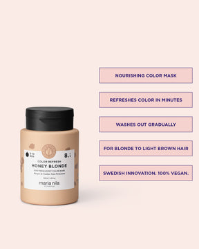Maria Nila Color Refresh Honey Blonde med produktfördelar mot rosa bakgrund