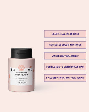 Maria Nila Color Refresh Pink Peach vårdande färginpackning med text på ljusrosa bakgrund.