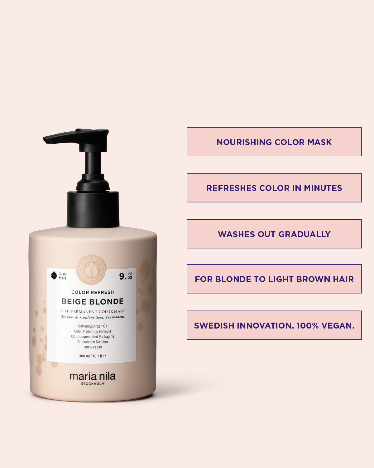 Maria Nila Color Refresh Beige Blonde pigmenterad hårinpackning med produktinformation på beige bakgrund.