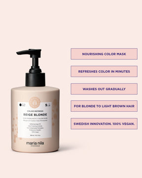 Maria Nila Color Refresh Beige Blonde pigmenterad hårinpackning med produktinformation på beige bakgrund.