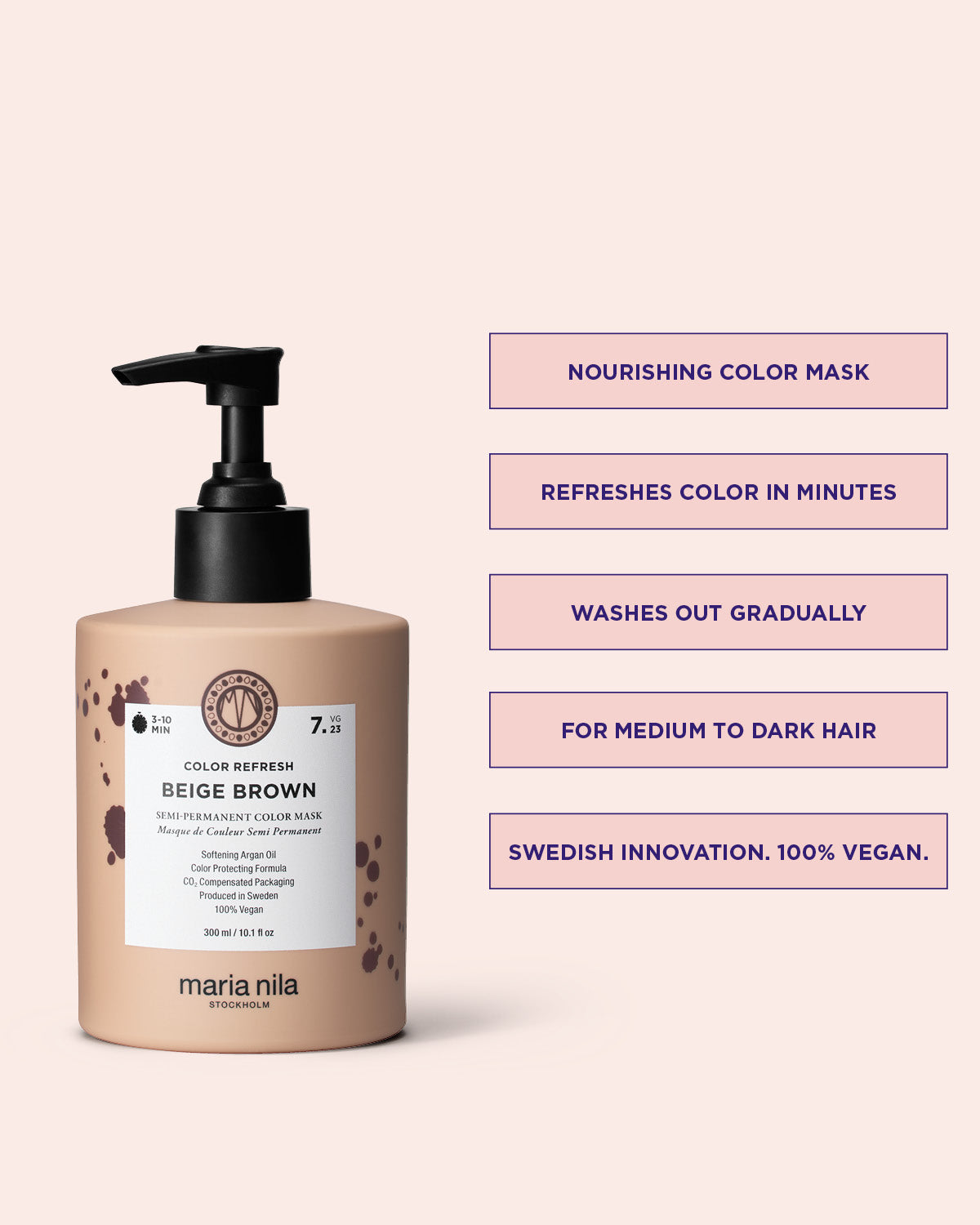 Maria Nila Color Refresh Beige Brown pigmenterad hårinpackning med produktinformation på rosa bakgrund.
