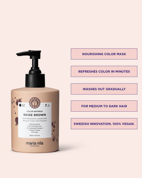 Maria Nila Color Refresh Beige Brown pigmenterad hårinpackning med produktinformation på rosa bakgrund.