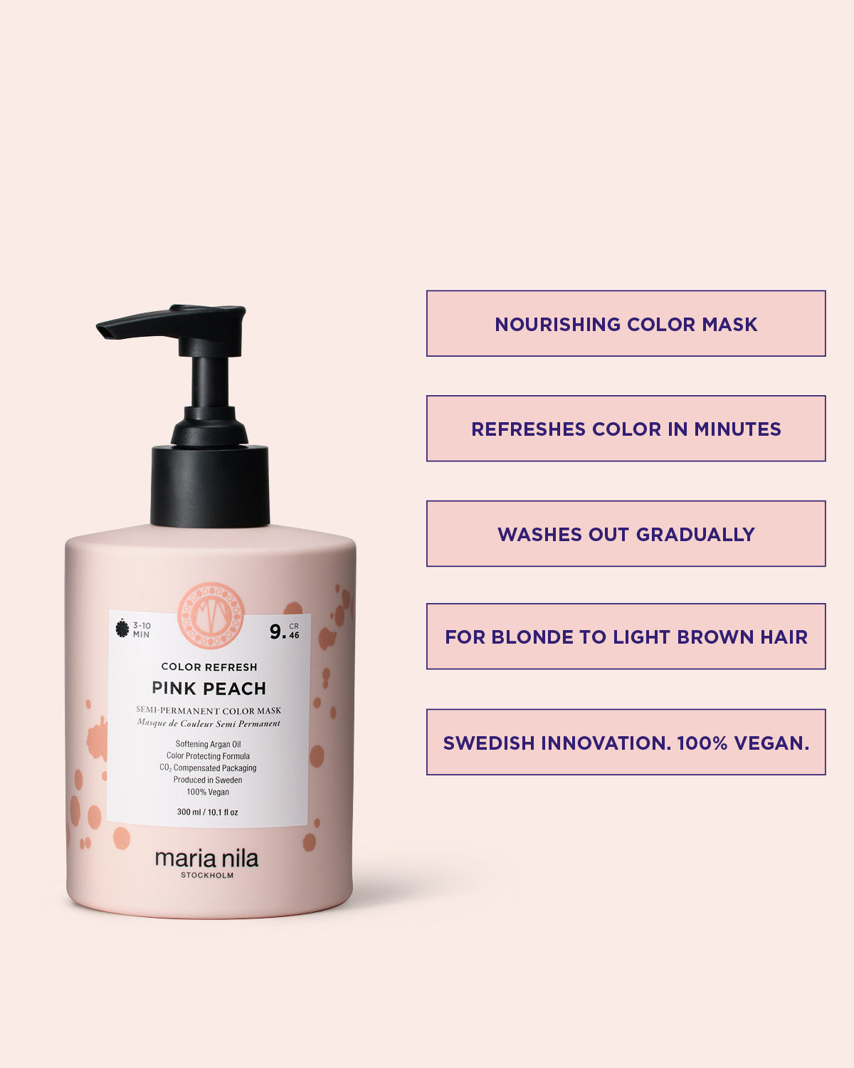 Maria Nila Color Refresh Pink Peach vårdande färginpackning med produktinformation på rosa bakgrund.