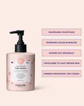 Maria Nila Color Refresh Pink Peach vårdande färginpackning med produktinformation på rosa bakgrund.